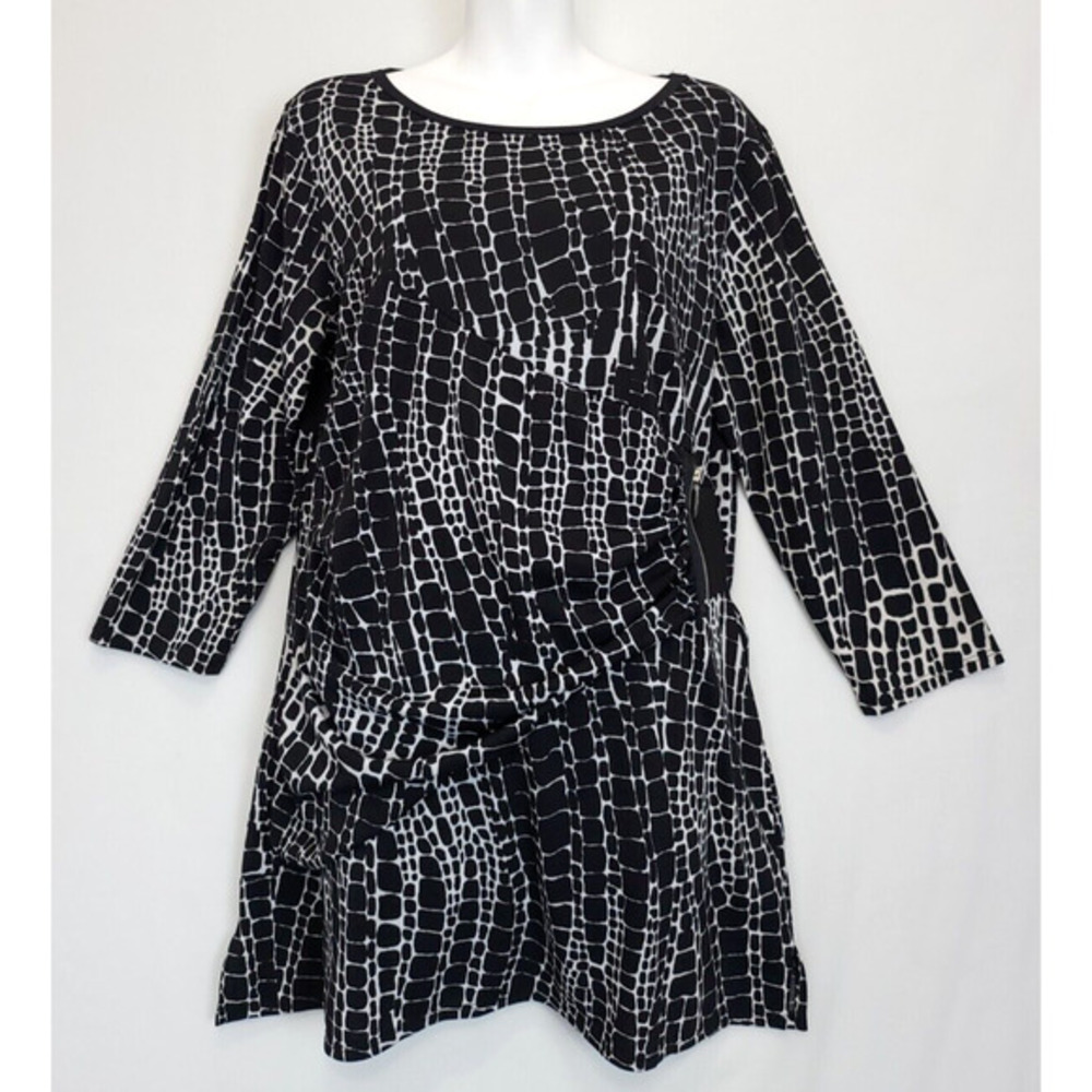 Multiples‎ Tunic Top Ruched Side Zip Accent Women L 3/4 Sleeve Black Stretch